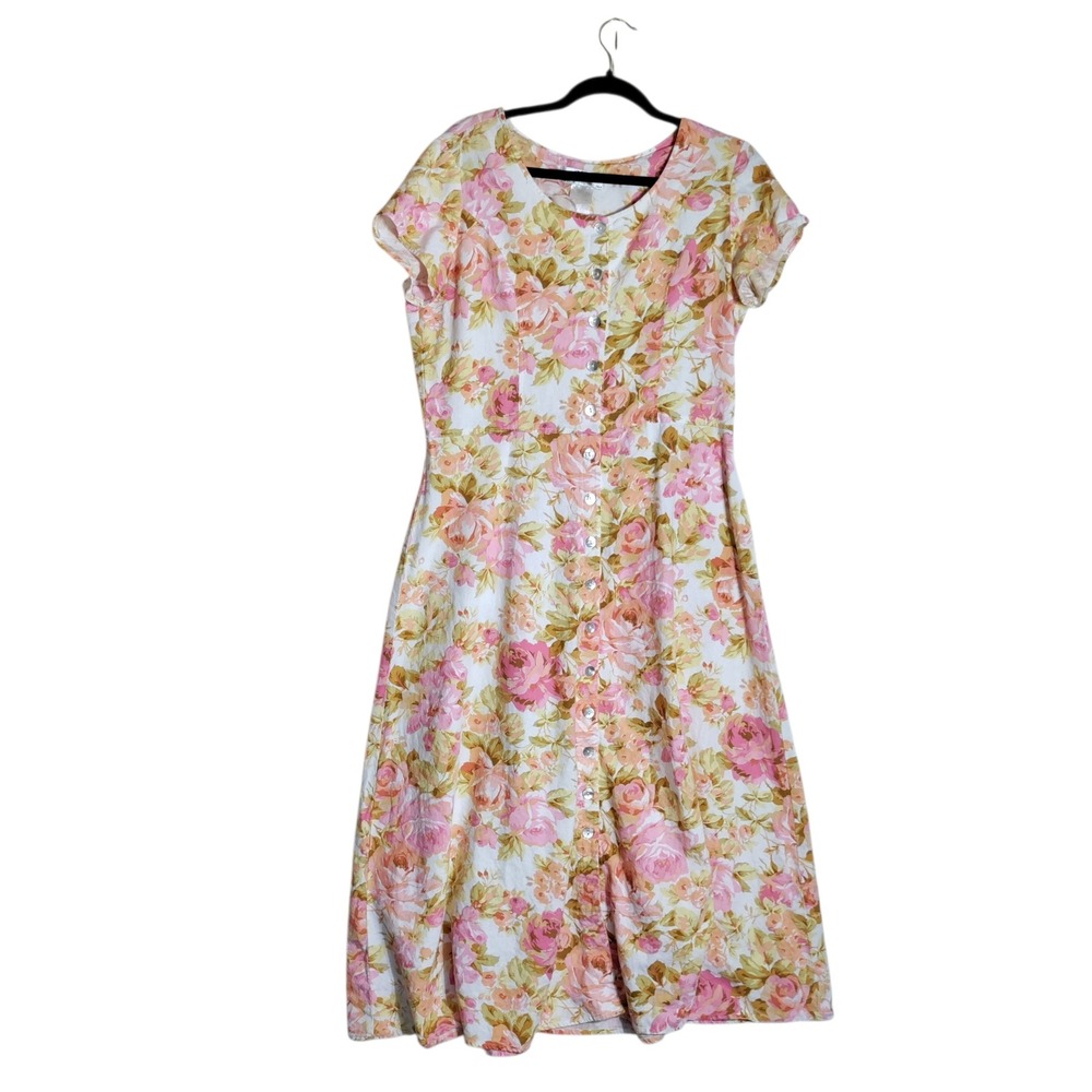 Clues Collections Vintage Floral Linen Blend Button Front Midi Dress Size 10